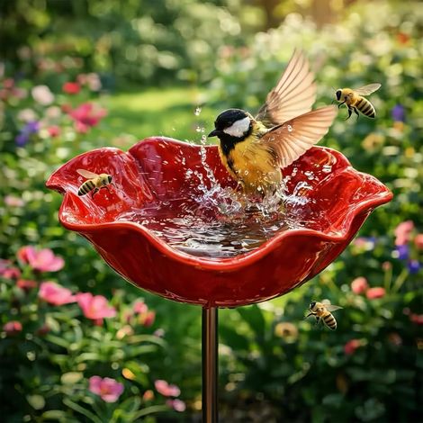Abreuvoir pour Abeilles en Métal Fleur, Bain d'oiseaux sur Tige 60 cm Résistant aux Intempéries, Abreuvoir à Insectes Extérieur Fait Main, Mangeoire pour Oiseaux Bol à Abeilles. (1/5)