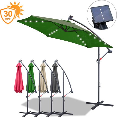 Parasol avec LED, parasol ampli Ø 350 cm, protection solaire, protection UV jusqu'à UPF 30+, ouverture et fermeture facile, vert (1/5)