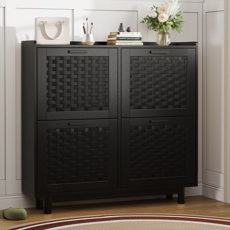 ADWOLT Meuble à chaussures en rotin,4 portes,Noir,Armoire à Chaussures,16 paires,100x24x95 cm,Style Scandinave Moderne