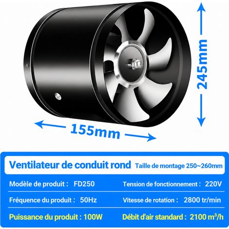 Extracteur d'air de gaine tubulaire 10 pouces 250 mm 220V noir noir 10 250mm réf 16 × 25 × 25 cm 2,3 kg – Livraison gratuite
