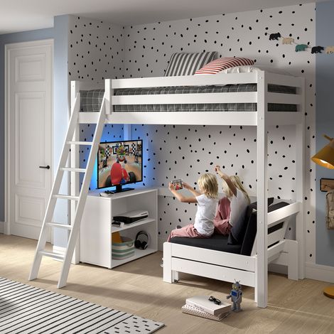 Lit surélevé 90x200 cm pin blanc avec fauteuil et étagère - PINO