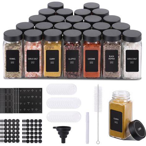 Lot de 24 Pots à Epices carrés, 120ml Hermetiques Bocaux Epices Verre avec 1 Entonnoir, Boite à Épices Cuisine Rangement insert à Saupoudrer, Entonnoir, Passoire et 400 Etiquettes (1/5)