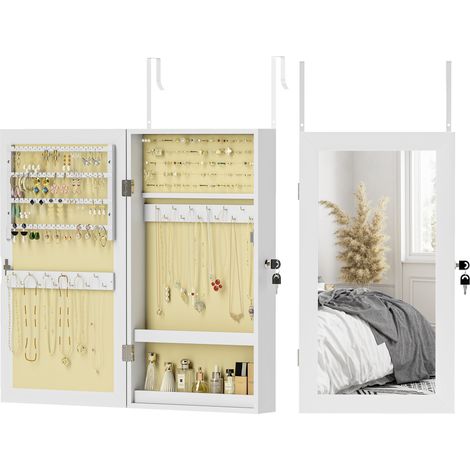 Miroir à bijoux mural blanc avec serrure et multiples compartiments, fixation murale ou sur porte, doublure crème (1/5)