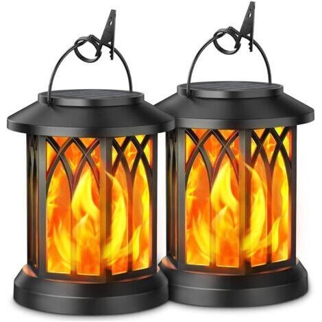 Lanterne Solaire Exterieur Jardin, 2 Pièces Lampe Solaire Exterieur Effet Flamme Suspendue Decorative, IP65 Étanche Suspension Lumiere LED Exterieur avec Clips pour Jardin Balcon