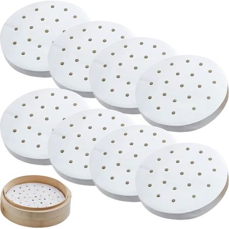 200pcs de papier perforé 18 cm en bambou pour cuisson à la vapeur et à la vapeur,7 Pouces de parchemin antiadhésif comme papier dim sum, Friteuse à air (200pcs 18cm) (1/5)