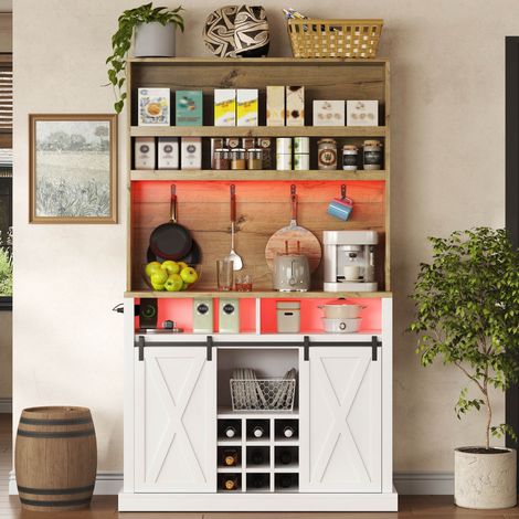 Buffet de cuisine haut LED RGB avec prises 110x40x191cm,crochets latéraux,meuble bar avec 2 USB et rangements,MDF,Blanc et Naturel (1/5)