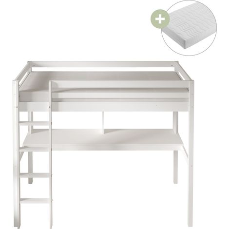 Sunny Sil Lit Mezzanine Avec Bureau, En Bois, Blanc Avec Echelle - Matelas Hybride 90 X 200 Inclus Dimensions Totales: 208 X 100 X 172 Cm (1/5)