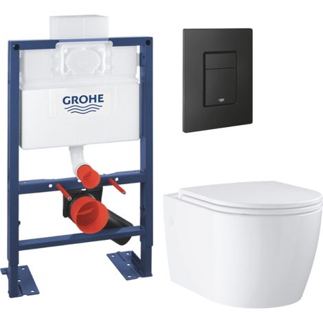 Pack bâti-support hauteur réduite GROHE Rapid SL + Cuvette suspendue sans bride abattant StartRound + Plaque commande noir mat (1/4)
