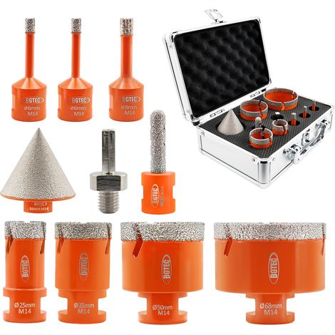 Foret Diamant Kit Trépan Carrelage - 10pcs(6/6/8/25/35/50/68mm+10mm Fraise Diamanté+50mm diamant foret chanfrein) pour Porcelaine, Céramique, Carrelages, Granit, Marbre, Pierre (1/5)