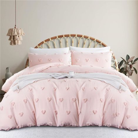 Parure de lit Boho 135 x 200 cm Broderie rose Motif cœur (1/5)