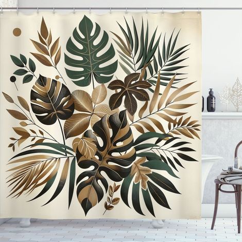 Rideau De Douche - 69 Pouces X 70 Pouces - Polyester Résistant À L Eau - Motif Feuilles Exotiques Rétro - Vert Forêt Ivoire Chocolat - 1 Pièce (1/4)