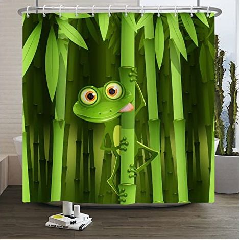 180x180cm Mignon Grenouille Rideau de Douche Drôle Grenouille Bambou Dessin animé Animal Abstrait Arbre Feuilles Vert Rideau de Baignoire pour Enfants Salle Bains Polyester avec Crochets (1/4)