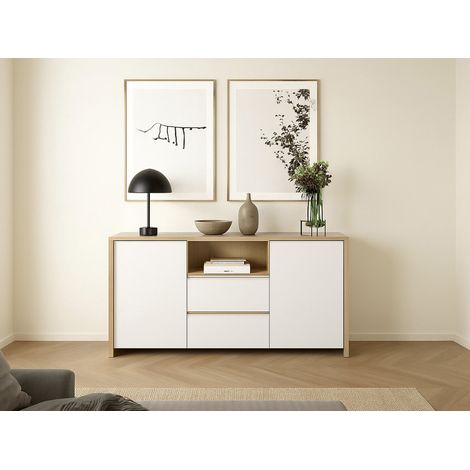 Dmora - Credenza Audrey, Buffet da soggiorno, Madia da salotto, Dispensa da cucina, 149x48 h84 cm, Rovere e Bianco lucido (1/5)