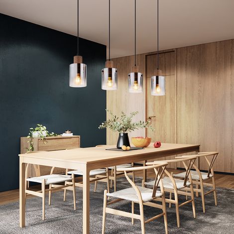 Pendelleuchte Hängelampe Holzlampe Wohnzimmerlampe 4 flammig Glas rauchfarben