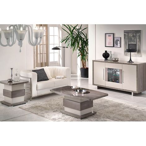 AUXANE - Ensemble Table Basse + Table d'Appoint + Buffet 3P Led Gris Metallisé et Mat (1/5)