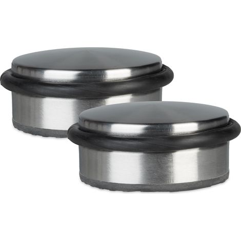 2 x Türstopper aus Edelstahl, Gummiert, Flach, H x B x T: 4,5 x 10 x 10 cm, silber