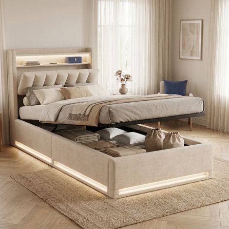 Letto singolo 90x200 cm con contenitore, LED e USB, Velluto, Moderno, Beige (1/5)