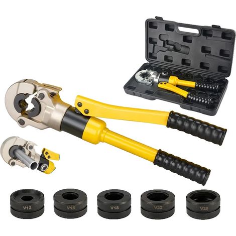 Outil de sertissage de tuyau PEX hydraulique, corps en acier durable, tailles de mâchoires 12-28mm, pression maximale 100 kN, poignée ergonomiquement conçue, mécanisme de verrouillage automatique (1/5)