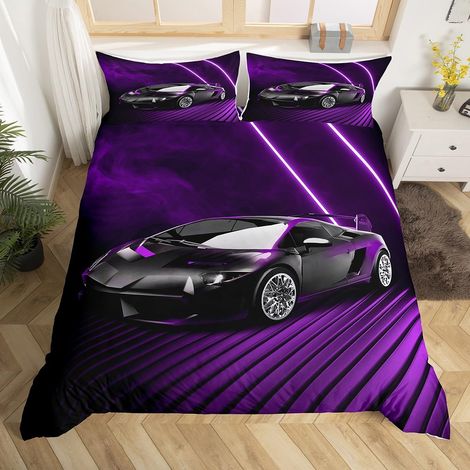 Housse de Couette 220x240 Enfant Voiture de Sport, Parure de Lit Voiture de Course Noir, Sets de Housses de Couettes Voiture de Sport Extrême, Couvre Lit Rayures Géométrique Violet (1/5)