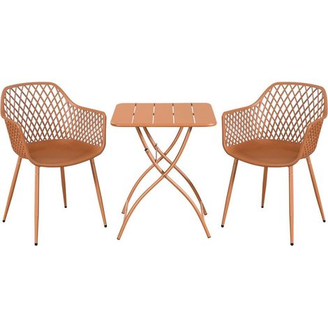 3 Piece Bistro Garden Set with 2 Lattice Armchairs and Square Folding Table - Plastic/Metal - L42.5 X W56.5 X H84.5 cm - Terracotta - Flat Packed