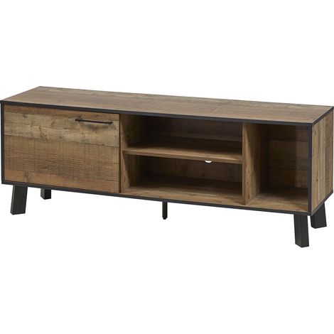KARMINA - Meuble TV 1 Porte 3 Niches Aspect Bois et Métal (1/5)