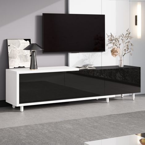 Meuble TV extensible 258x38x48,5 cm avec 3 portes brillantes, rangement ouvert, pieds en métal, noir et blanc (1/5)
