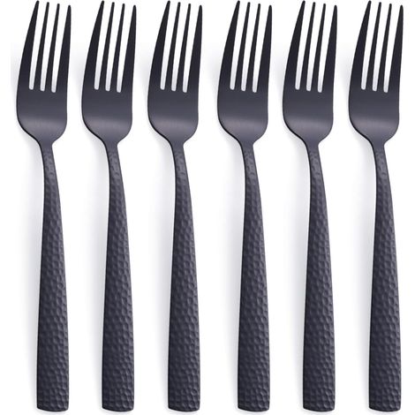 Ensemble de 6 fourchettes à dîner noir mat, 20 cm en acier inoxydable noir fourchette à argenterie, fourchette en métal martelé (1/4)