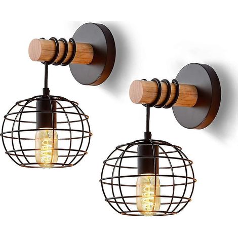 2e applique murale intérieure style vintage, lampe ronde industrielle noire rétro en fer et bois E27 Frtreplenhaus Flur Café Bar Restaurant Hôtel Chambre (1/4)