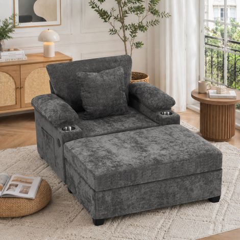 Fauteuil lounge en tissu chenille, avec porte-gobelet et port USB, idéal pour le salon et le bureau. (1/5)