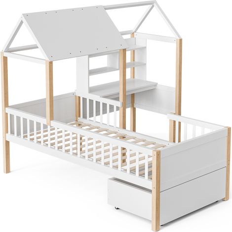Cama alta infantil 90 x 200 cm con escritorio, estantería, cajones y barandilla, blanco madera (1/5)