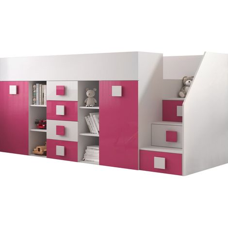 Lit haut Hartford 366, Blanc + Rose brillant + Blanc brillant, Unique, 90x200, Stratifié, Sommier à lattes, 94x249x124cm (1/4)