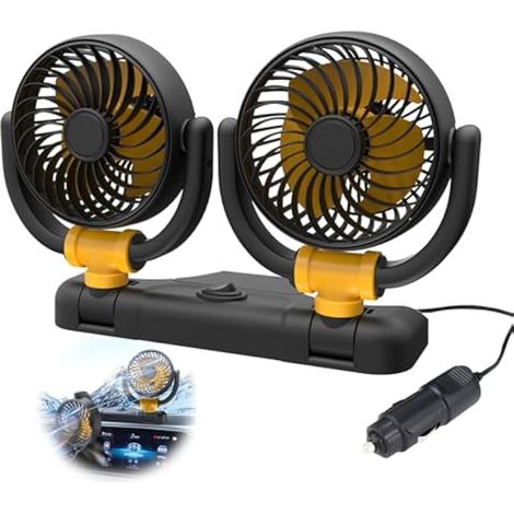 Ventilateur de voiture 12 V, double tête, rotation à 360°, prise allume-cigare, ventilateur électrique silencieux pour voiture, fourgonnette, SUV et camping-car (1/5)
