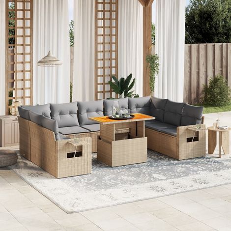 Ensemble Salon Jardin 10 Places Résine Tressée Beige avec Coussins Gris, Table Acacia Réglable, Modulaire (1/3)