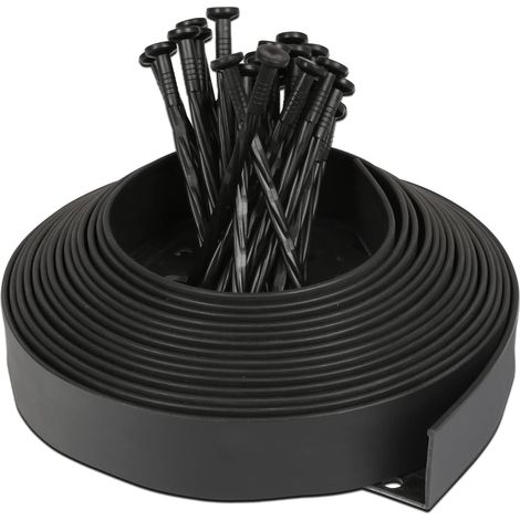 Bordure pelouse flexible plastique 10m x 5cm noir – avec 30 piquets ancrage – barrière ronde