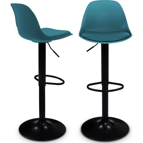 Idmarket – Lot de 2 tabourets de bar réglables bleu canard – Pied métal noir – Assise 63-84 cm – Socle rond 38,5 cm – Pivotants 360°