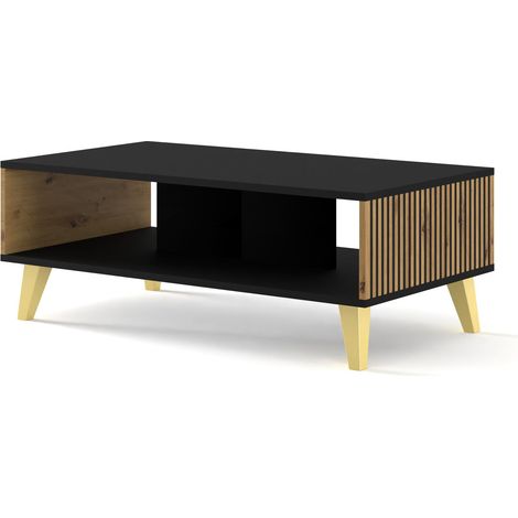 Table basse Ravenna B 90x60 Noir Mat / Chêne Artisan, Pieds Dorés