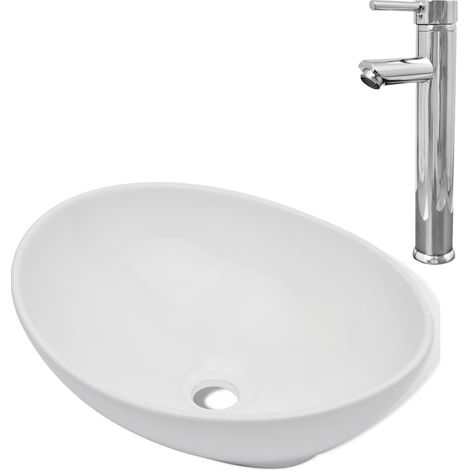 INLIFE Lavabo de salle de bain avec mitigeur Céramique Ovale Blanc (1/5)