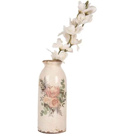 Vase Soliflore Floral Vintage en Céramique Beige et Rose 8x20cm