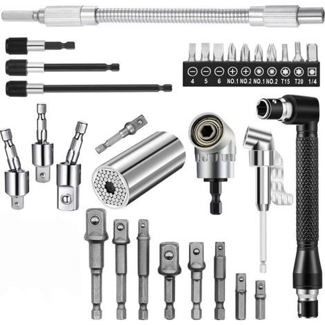 Kit de 30 rallonges flexibles pour forets, adaptateur de foret à angle droit 105°, adaptateur de douille hexagonale universel 1/2", 3/8" et 1/4", clé à douille rotative, tournevis porte-foret - argent (1/5)