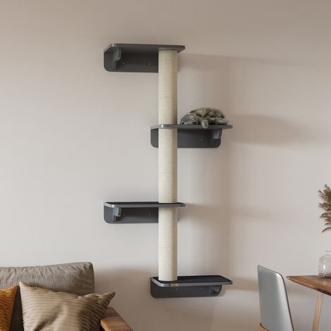 PawHut Wandkratzbaum Katzen-Kletterwand Kratzbaum Katzenmöbel für die Wand Kletterspaß für Katzen Wandmontage Holz Hellgrau+Beige 66 x 28 x 137 cm