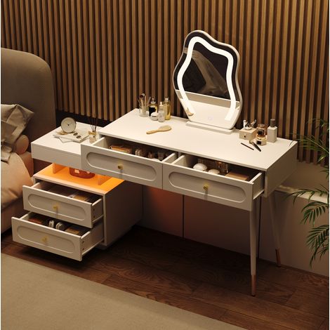 Tavolo da trucco 140x40x130 cm, specchio LED con illuminazione a 3 livelli, 4 cassetti, truciolato bianco (1/5)