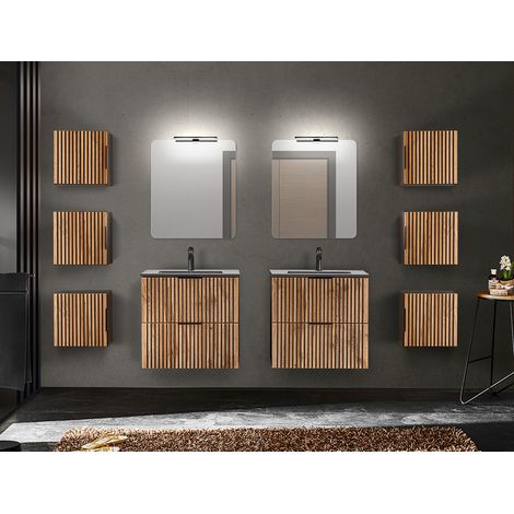 Badezimmer Komplett Set mit 6 Hängeschränken, 2 Waschtische XANTEN-56 in anthrazit mit Eiche Nb. schwarz gerillt, B/H/T: ca. 240/200/46 cm (1/5)