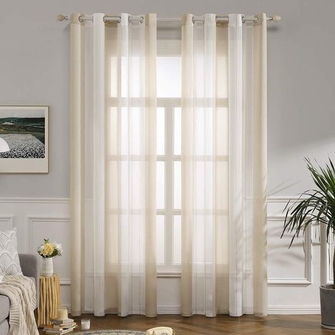 Voilages Rayures Blanc et Beige a Oeillets Lot de 2 140x245 cm (1/5)