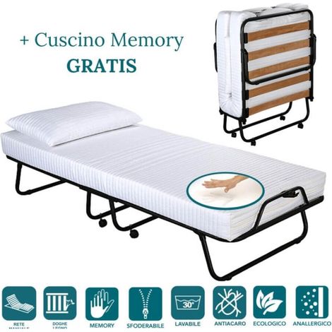 EVERGREENWEB - Brandina Pieghevole con Materasso Memory Foam 80x190 Alto 12 cm + Cuscino Gratis, Rivestimento Sfoderabile Rete Singola a Doghe Legno Ortopedica, Letto Salvaspazio Offerta (1/5)