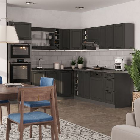 Cuisine en angle R-Line, Anthracite campagne/Anthracite, 247 x 237 cm, PT Marbre, Vicco