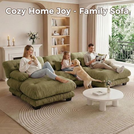 Canapé d'angle modulaire luxueux - Canapé nuage surdimensionné en forme de U pour salon, canapé-lit convertible à assise profonde avec pouf, chenille verte (1/5)