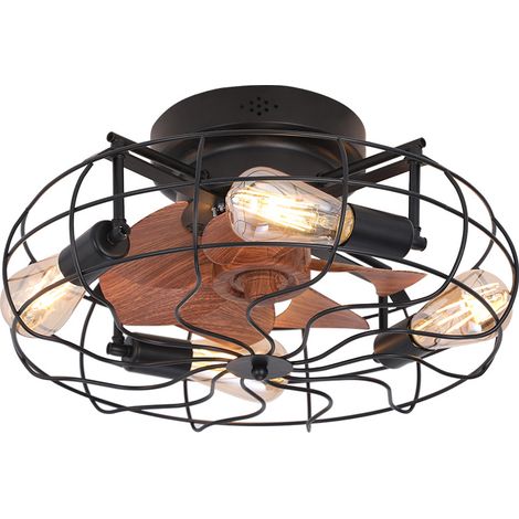 Ventilateur de Plafond avec Lumière 50 cm, Luminaire LED Sans Pales avec Télécommande, Style Industriel Cage Métallique, Plafonnier Ventilateur pour Chambre et Cuisine, Noir-brun