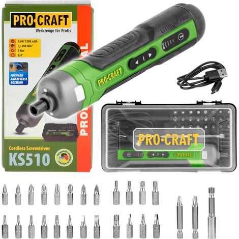 Tournevis sans fil Procraft KS510 3,6 V 10 Nm + batterie intégrée 1,5 Ah + jeu de 27 embouts + mallette (1/5)