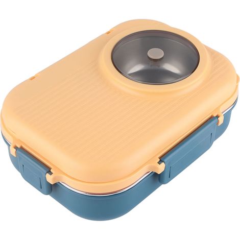 Boîte à déjeuner thermique 1100ml, Double couche, 3 grilles, Bento en acier inoxydable 304 avec baguettes, cuillère, bol à soupe, bleu jaune (1/5)