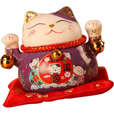 Tirelire Chat Porte-Bonheur 11,5 cm, adorable et raffinée, en céramique violette, symbole de chance et de prospérité. Décoration de bureau.